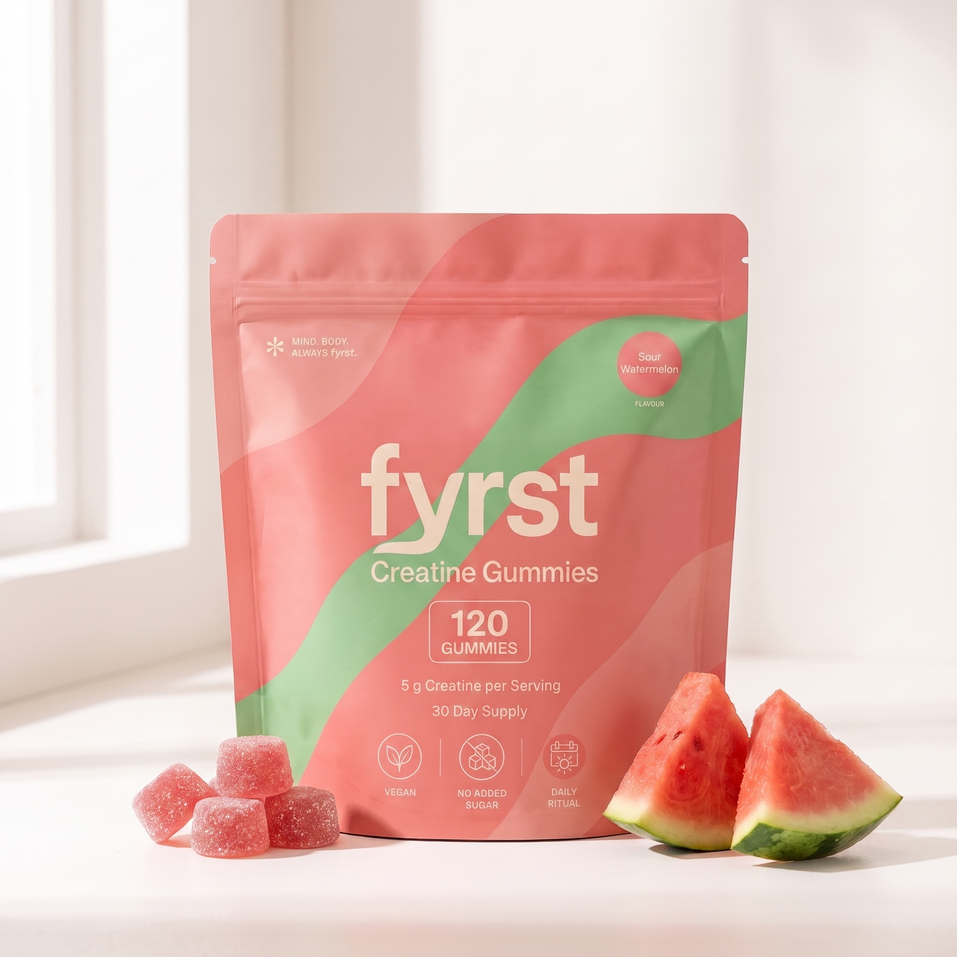 fyrst Sour Watermelon Creatine Gummies – Beutel mit Gummies und Melonenstücken auf heller Fensterbank