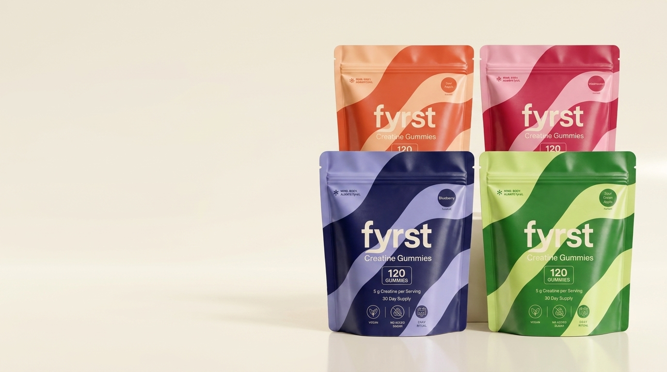 fyrst Creatine Gummies Hero – vier Sorten (Blueberry, Green Apple, Peach, Watermelon) auf hellem Hintergrund